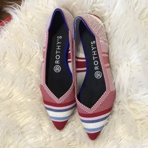 Rothy’s red, blue striped pointed flat